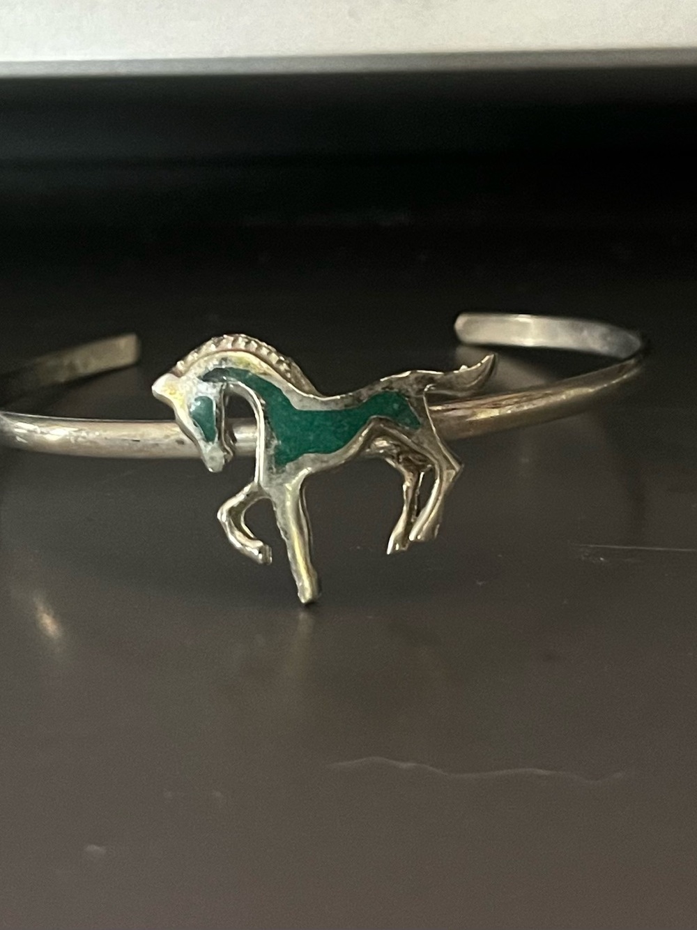 Silver Horse Cuff Bracelet with Teal Enamel Inlay